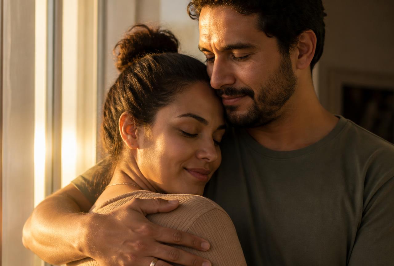 Casal se abraçando em reconciliação